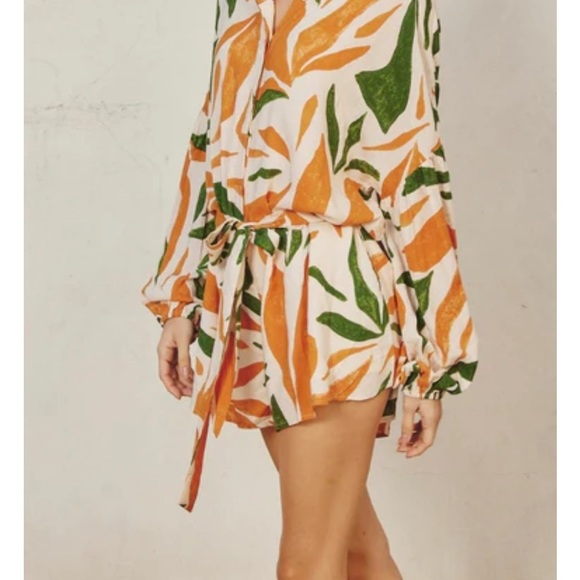 Dress Forum LA Orange Green Dropped Waist Collared Elasticized Sleeves Romper - Picture 13 of 16